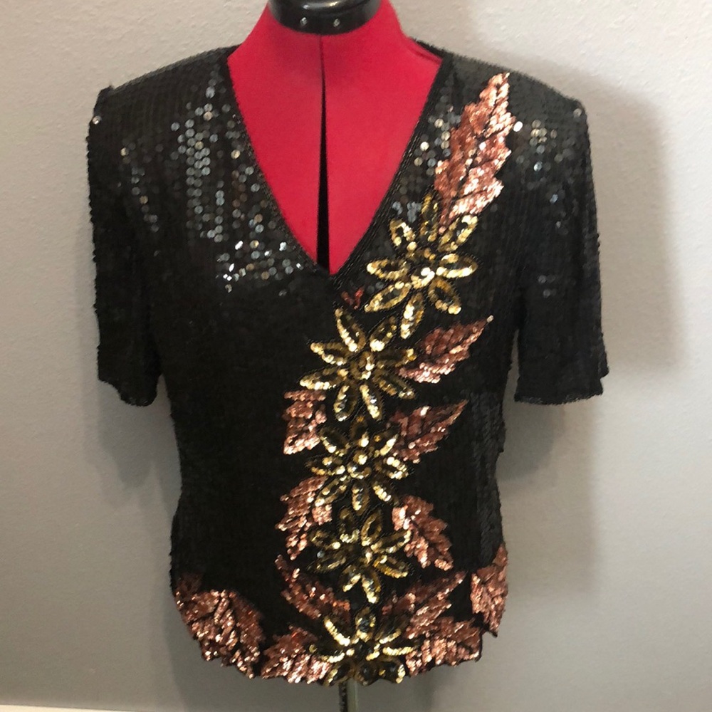 Vintage Stenay Evening top Women's XL formal sequins cocktail silk blouse party